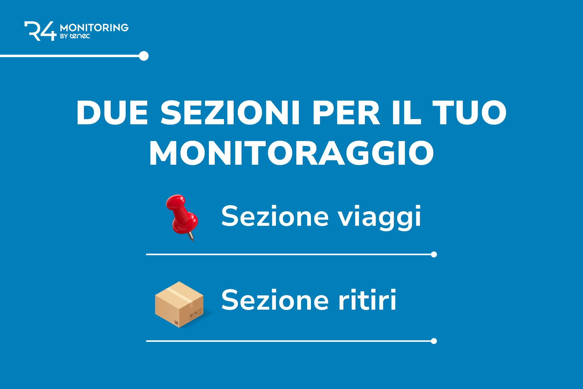 Viaggi e ritiri ottimizzati con R4 Monitoring by Tenec Sappiamo quanto sia importante organizzare al meglio il tuo lavoro e, al contempo, ridurre gli sprechi. Ecco perché nella seconda versione del monitoraggio abbiamo aggiunto due sezioni pensate proprio per questi scopi!
